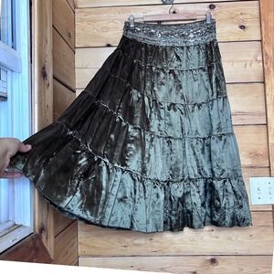 Vintage Tiered Maxi Skirt Women Medium Olive Green Satin Beaded Y2K Mariposa